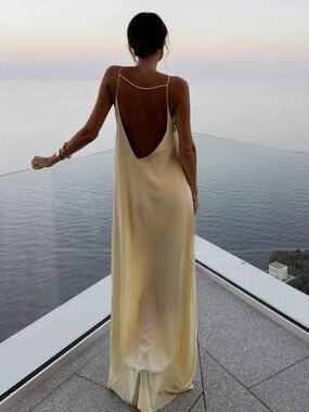 Commense Backless Vacation Satin Long Dress